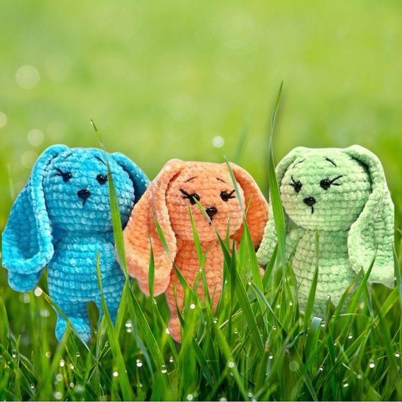 Hand Crafted crochet worried bunny rabbit chenille stuffed animal color AQUA - Picture 7 of 7